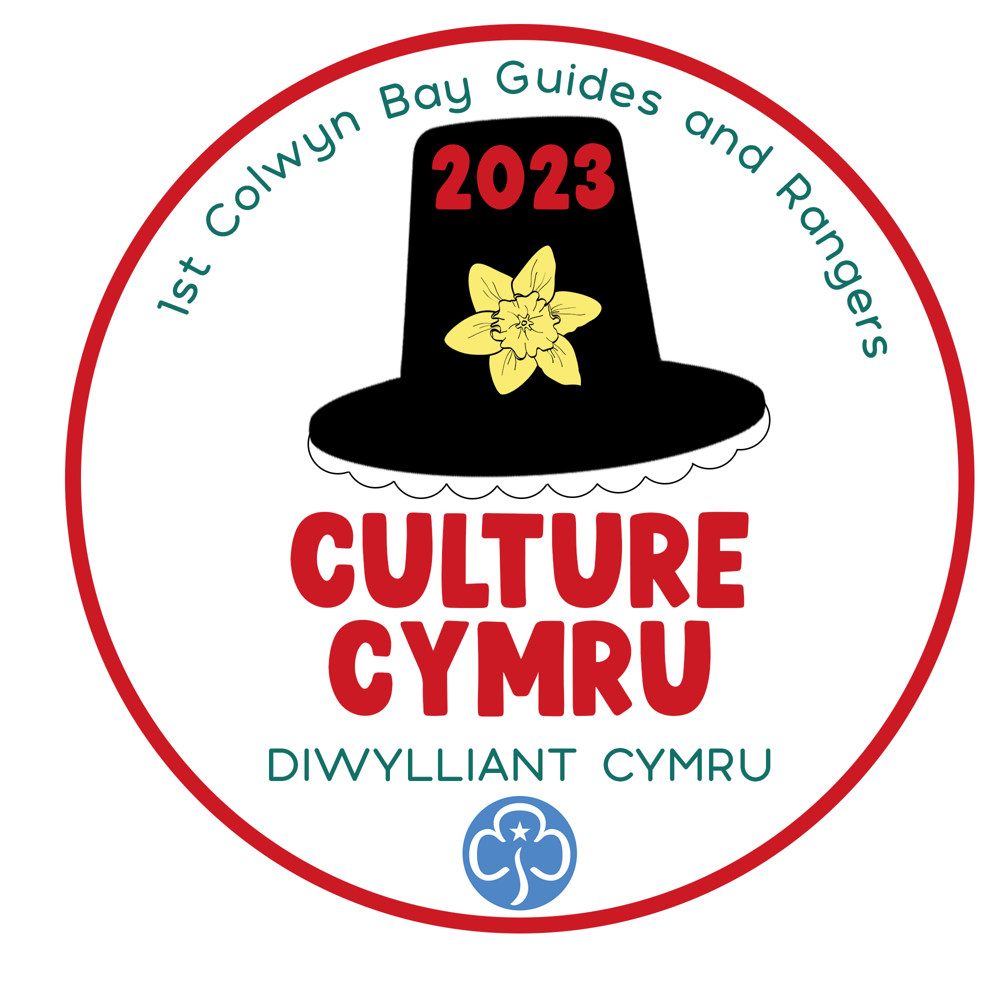 image of the culture cymru badge, it includes the words Culture Cymru and an image of a welsh hat with a daffodil